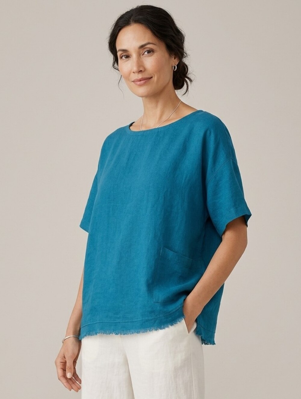 Eileen Fisher 100% Organic Linen Pocket Boxy Top Teal Blue XL Short Sleeve